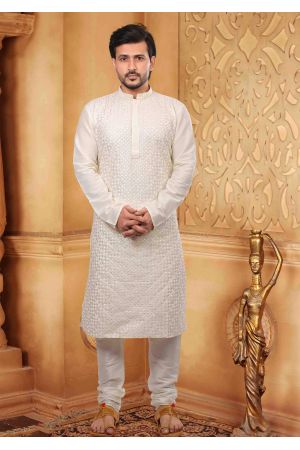 Pure White Color Silk Kurta Set